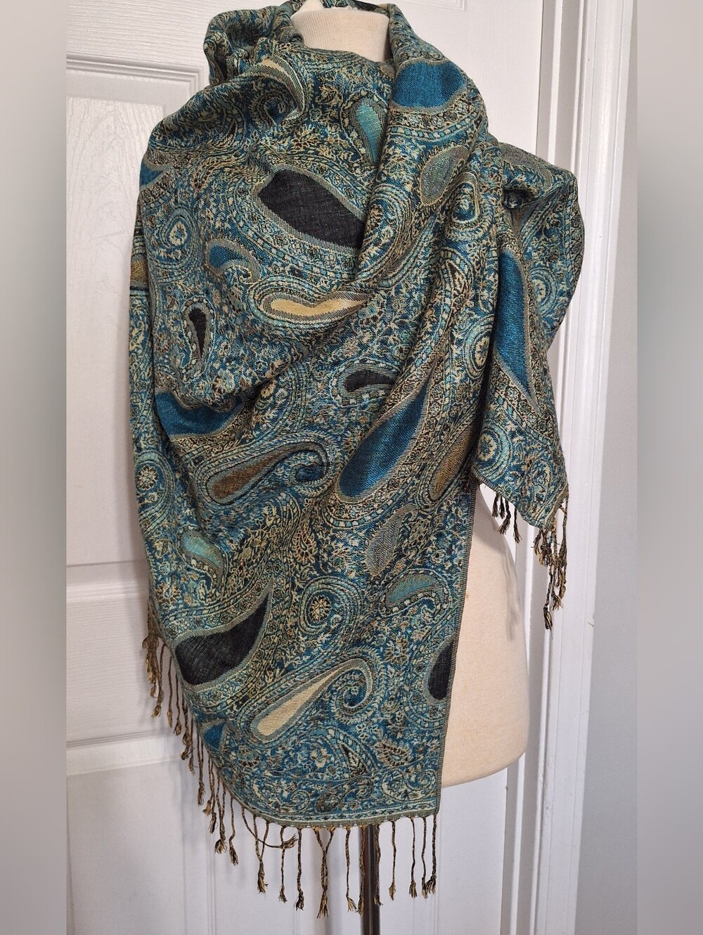 pashmina Teal Paisley Woven Shawl with Gold and Black Accents